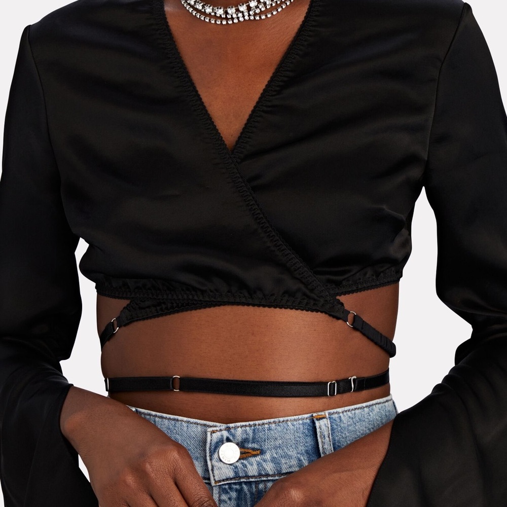ANNA OCTOBER “IRIS” CROPPED WRAP TOP, SZ S BLACK